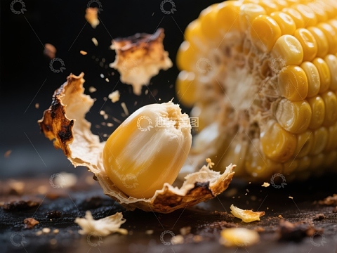 爆裂的玉米粒与玉米棒特写