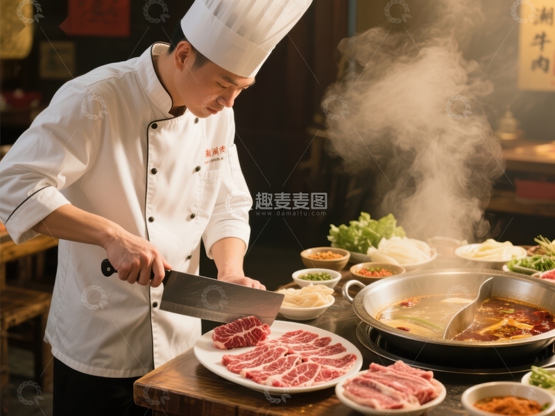高清大图下载【趣麦麦图】厨师切肉，火锅热气腾腾