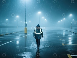 雨夜中行走的工人