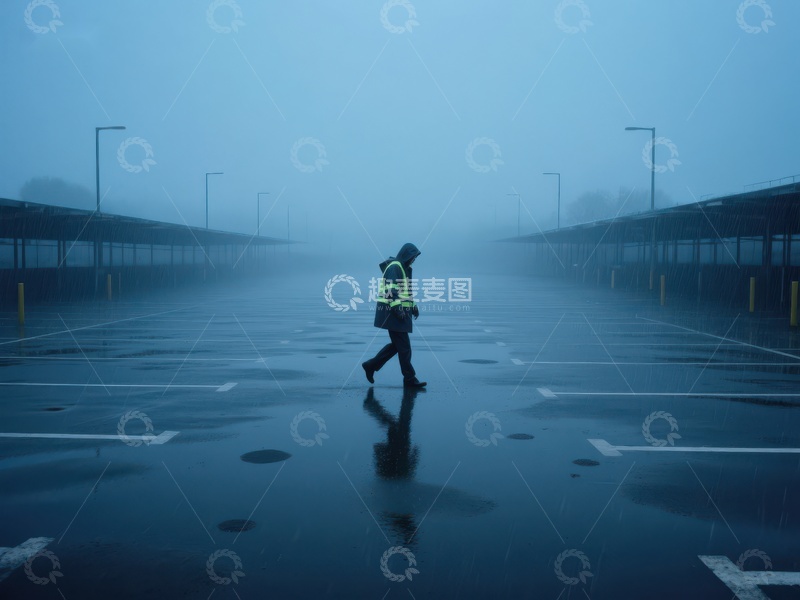 高清大图下载【趣麦麦图】雨中行人穿越空旷停车场