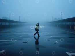 雨中行人穿越空旷停车场