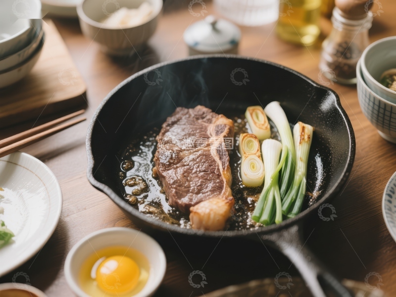 高清大图下载【趣麦麦图】铁锅煎制牛排与葱段