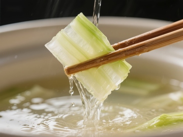 筷子夹起热汤中的青菜