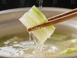 筷子夹起热汤中的青菜