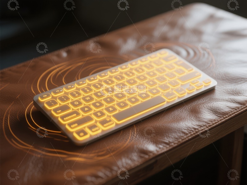 高清大图下载【趣麦麦图】发光键盘置于皮革桌面