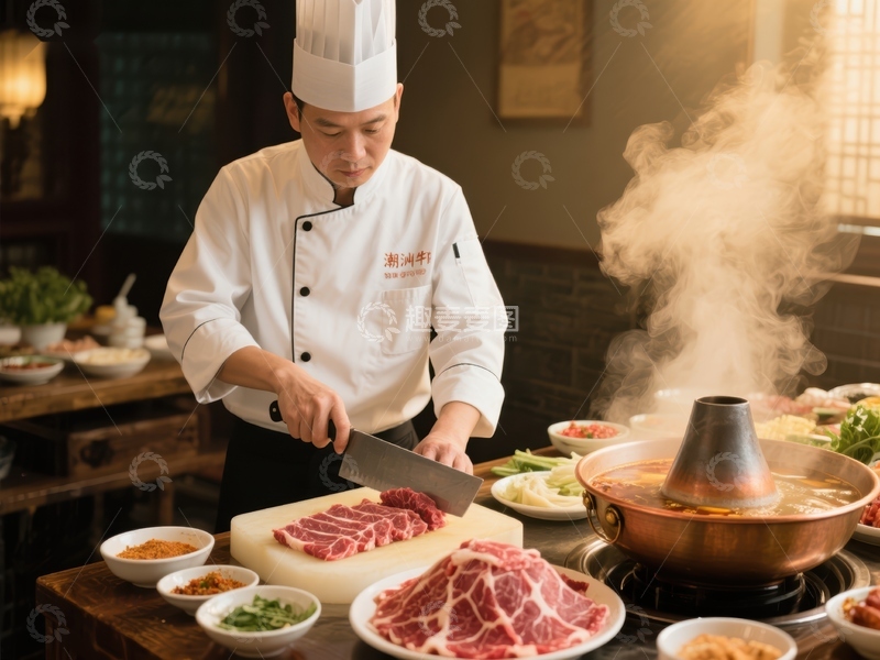 高清大图下载【趣麦麦图】厨师精心准备火锅食材