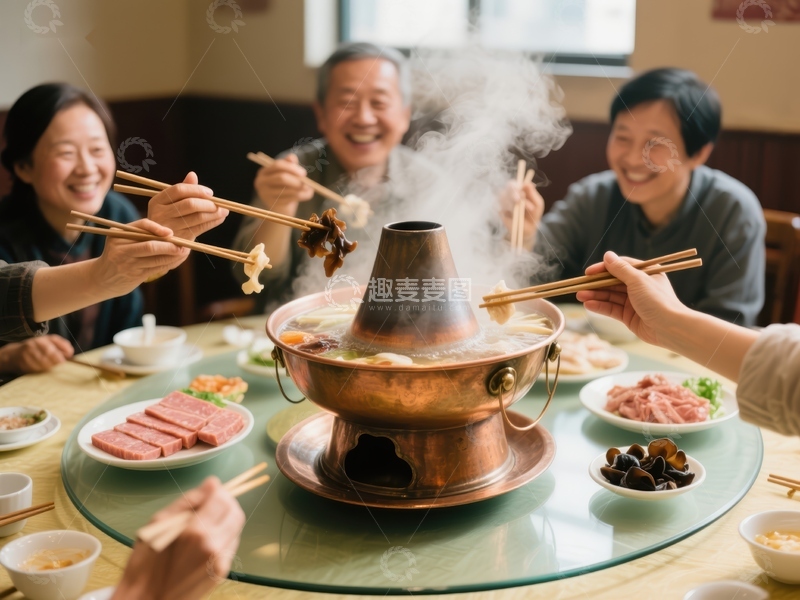 家人围坐享用热气腾腾的火锅