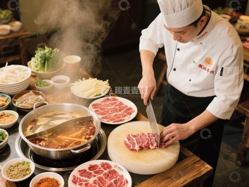 高清大图下载【趣麦麦图】厨师切肉准备火锅宴