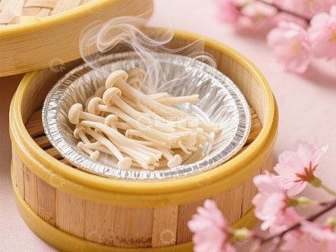 蒸笼中的金针菇散发热气