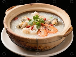海鲜粥盛于陶锅中