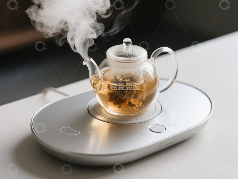 高清大图下载【趣麦麦图】-蒸汽腾腾的玻璃茶壶置于加热盘上