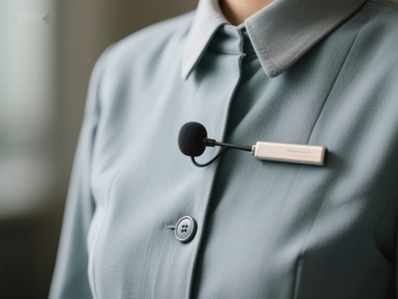 佩戴领夹麦克风的浅色西装