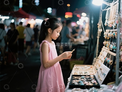 小女孩夜市挑选饰品