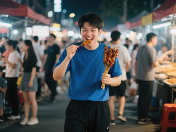 夜市中享受美食的年轻男子