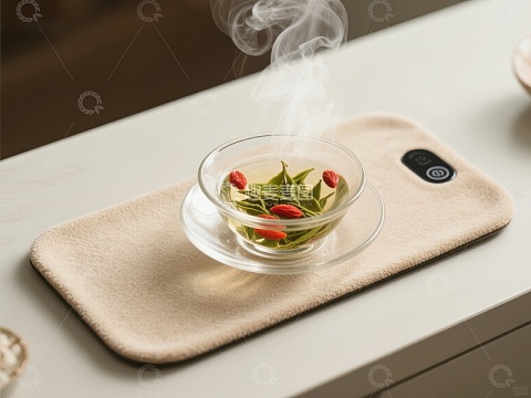 热茶蒸腾，静置桌面