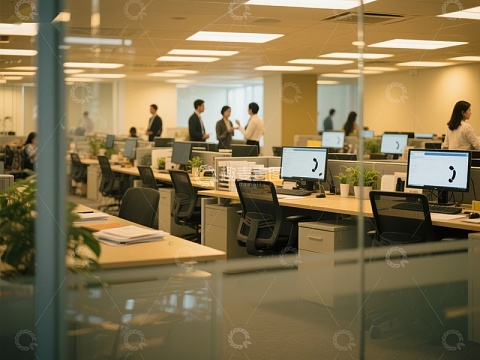 现代办公室内员工忙碌工作场景