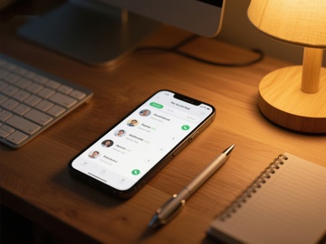 手机显示通讯应用，置于办公桌旁
