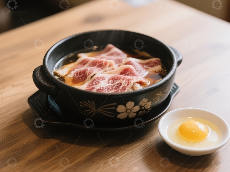 高清大图下载【趣麦麦图】日式牛肉锅配生蛋黄