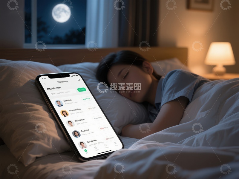 高清大图下载【趣麦麦图】夜景中手机显示联系人，女子安睡床上