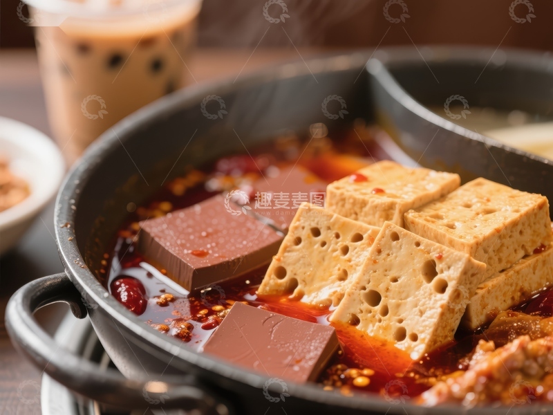 高清大图下载【趣麦麦图】麻辣火锅中的豆制品与血豆腐