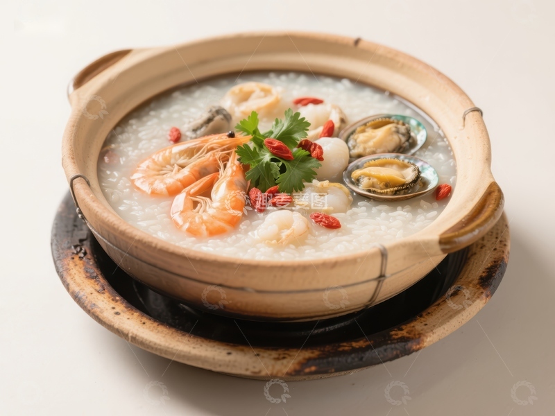 高清大图下载【趣麦麦图】海鲜粥盛于陶碗中