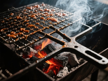 炭火上的烤架与食物