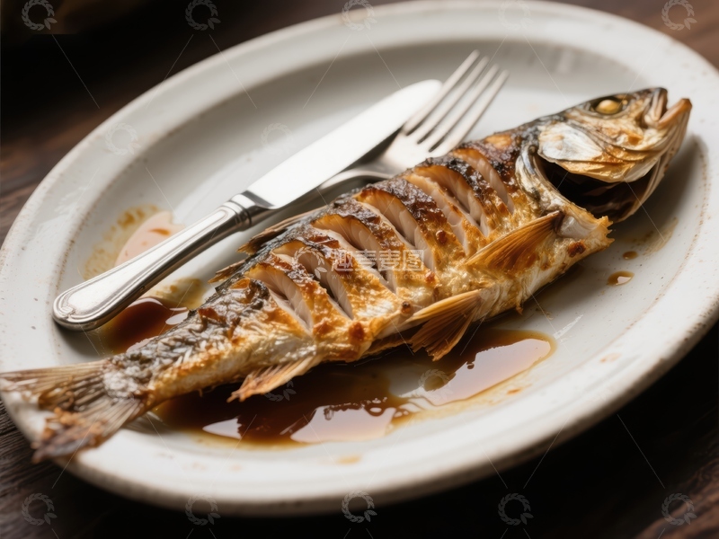 高清大图下载【趣麦麦图】烤鱼配酱汁，摆盘精美