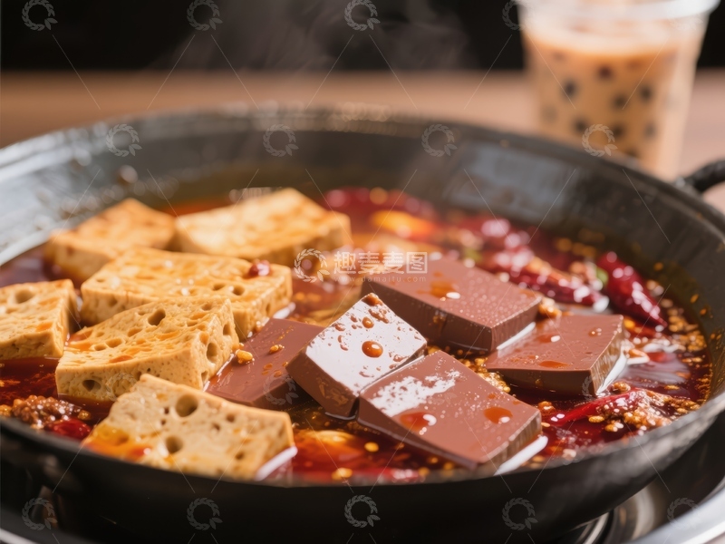 高清大图下载【趣麦麦图】麻辣火锅中的豆腐与血旺