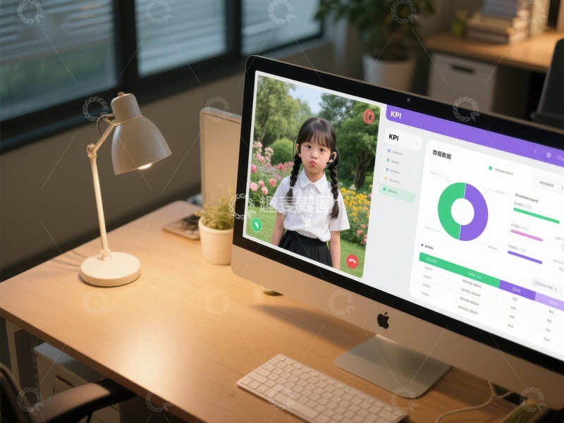 高清大图下载【趣麦麦图】电脑屏幕显示儿童视频通话与数据分析界面