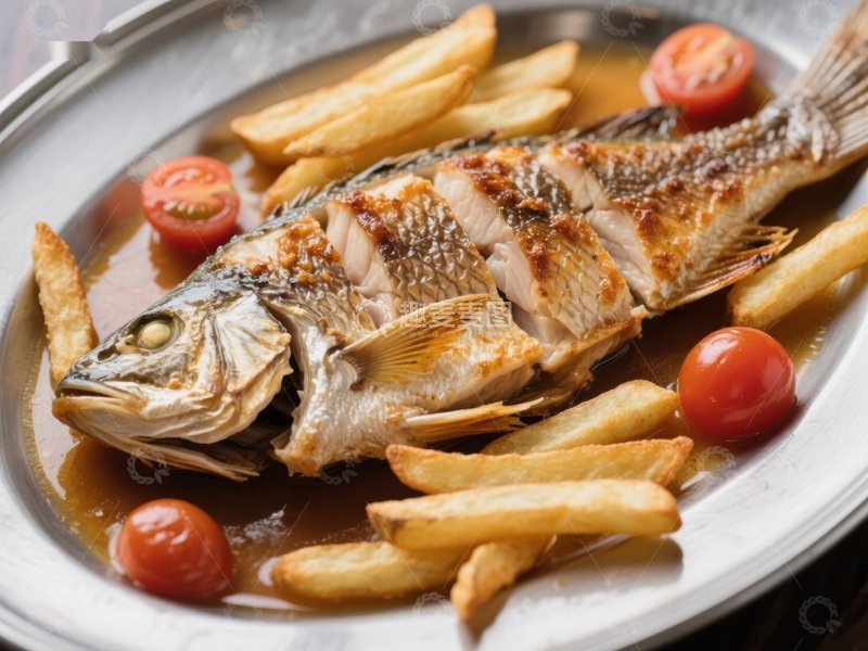 高清大图下载【趣麦麦图】烤鱼配薯条与樱桃番茄