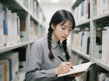 图书馆中专注学习的女生