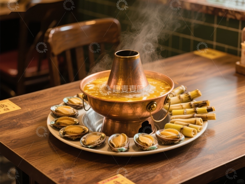 高清大图下载【趣麦麦图】-热气腾腾的火锅与新鲜食材