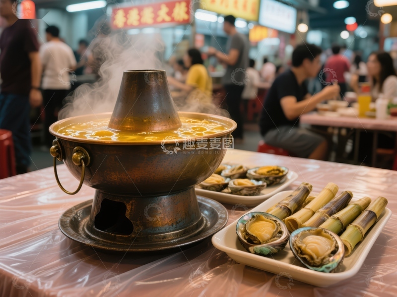 高清大图下载【趣麦麦图】热气腾腾的火锅与海鲜摆盘