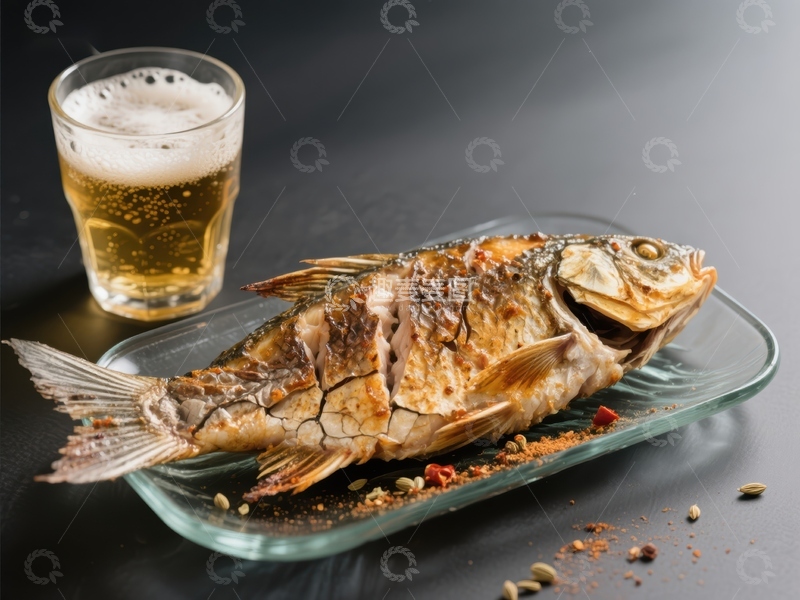 高清大图下载【趣麦麦图】烤鱼配啤酒，美味佳肴