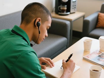 男子佩戴耳机专注笔记