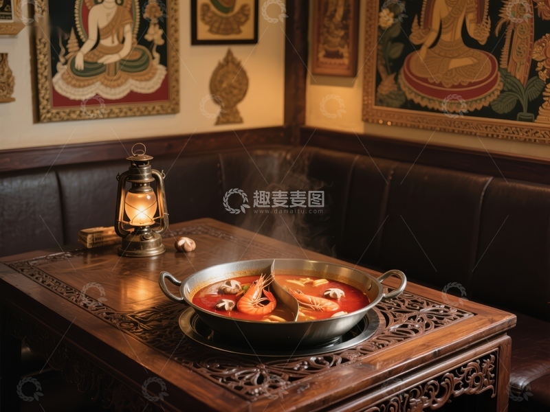 高清大图下载【趣麦麦图】泰式火锅在复古餐厅中热气腾腾