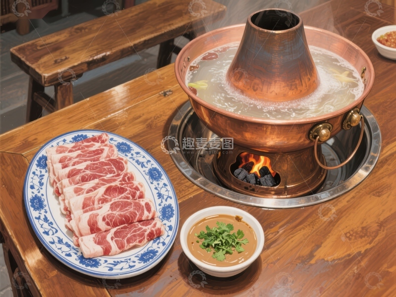 高清大图下载【趣麦麦图】铜锅涮肉，热气腾腾的美食体验