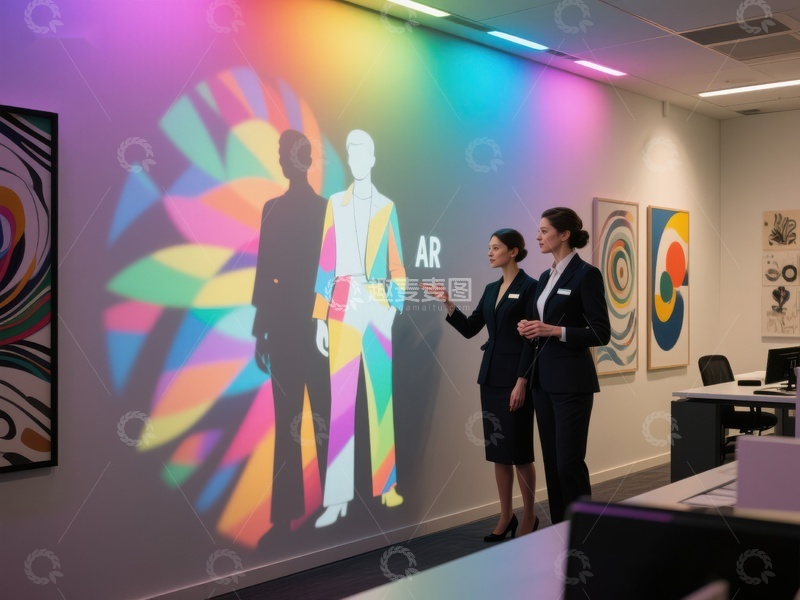 高清大图下载【趣麦麦图】两位女性在色彩斑斓的AR投影前交流