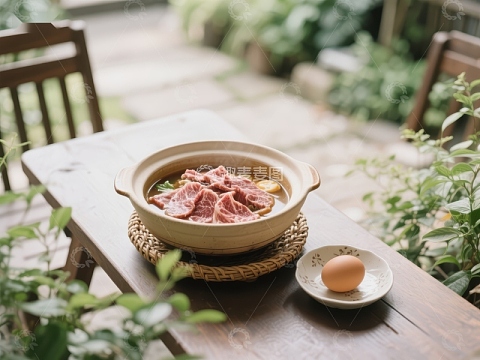 砂锅牛肉与鸡蛋的静谧庭院美食