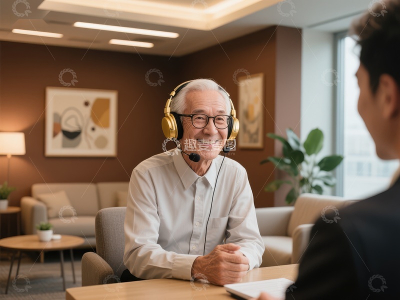 高清大图下载【趣麦麦图】老人佩戴耳机与人交谈