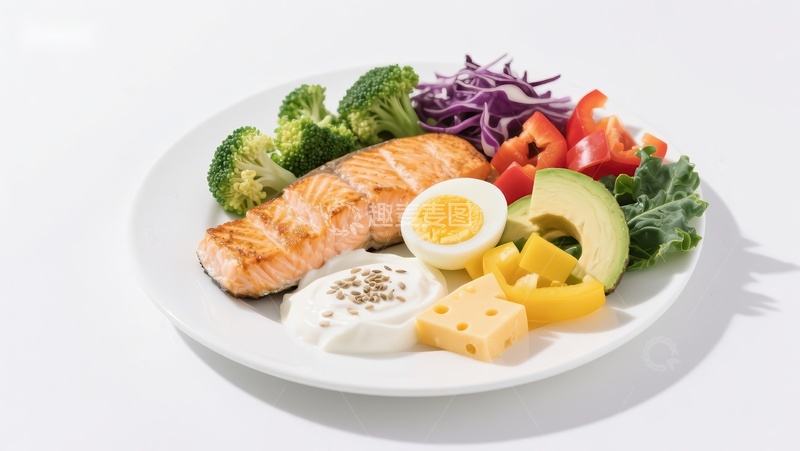 高清大图下载【趣麦麦图】健康餐盘：三文鱼配蔬菜与奶酪