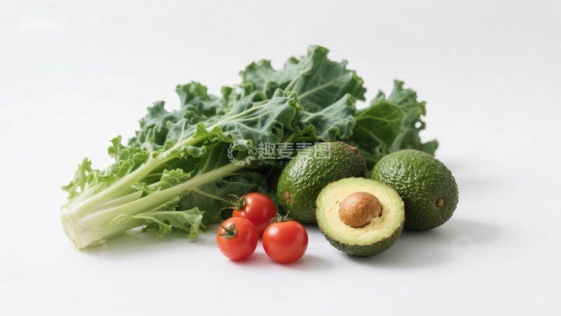高清大图下载【趣麦麦图】新鲜蔬菜组合：羽衣甘蓝、牛油果与樱桃番茄