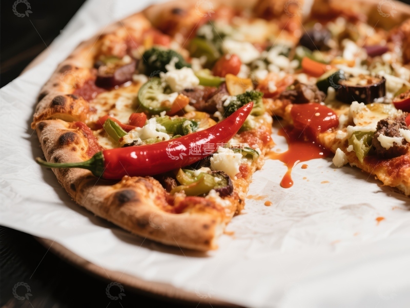 高清大图下载【趣麦麦图】美味蔬菜披萨，点缀红辣椒