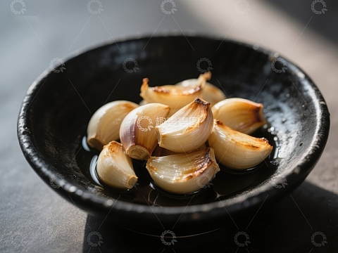 烤制蒜瓣置于黑色碗中