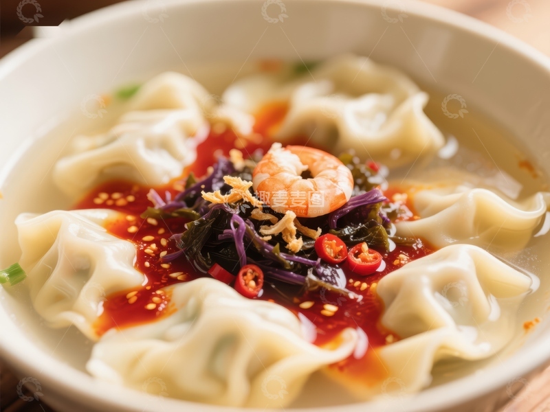 高清大图下载【趣麦麦图】鲜美馄饨汤配虾仁与紫菜