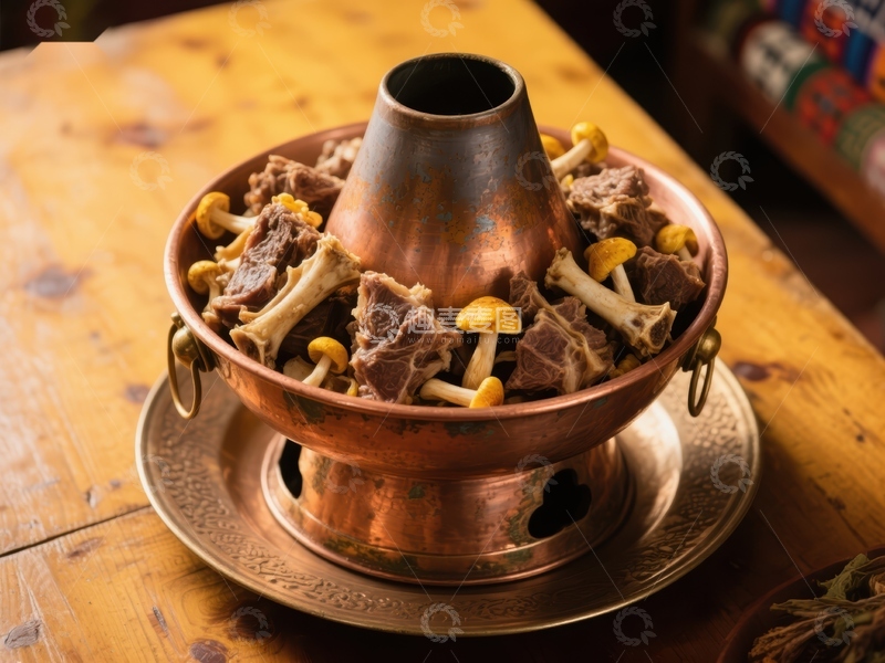 高清大图下载【趣麦麦图】铜锅炖肉配蘑菇