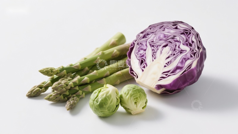 高清大图下载【趣麦麦图】新鲜蔬菜组合：芦笋、卷心菜与抱子甘蓝