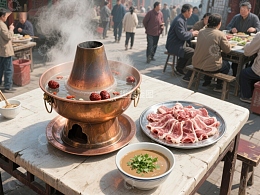 铜锅涮肉，热气腾腾的美食场景