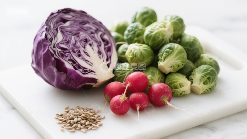 高清大图下载【趣麦麦图】新鲜蔬菜组合：紫甘蓝、布鲁塞尔芽菜和樱桃萝卜