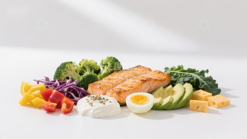 高清大图下载【趣麦麦图】三文鱼配蔬菜与奶酪的健康餐